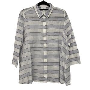 J Jill Striped‎ Gauze Button Up Blouse Shirt White Blue Size XS Lagenlook Preppy